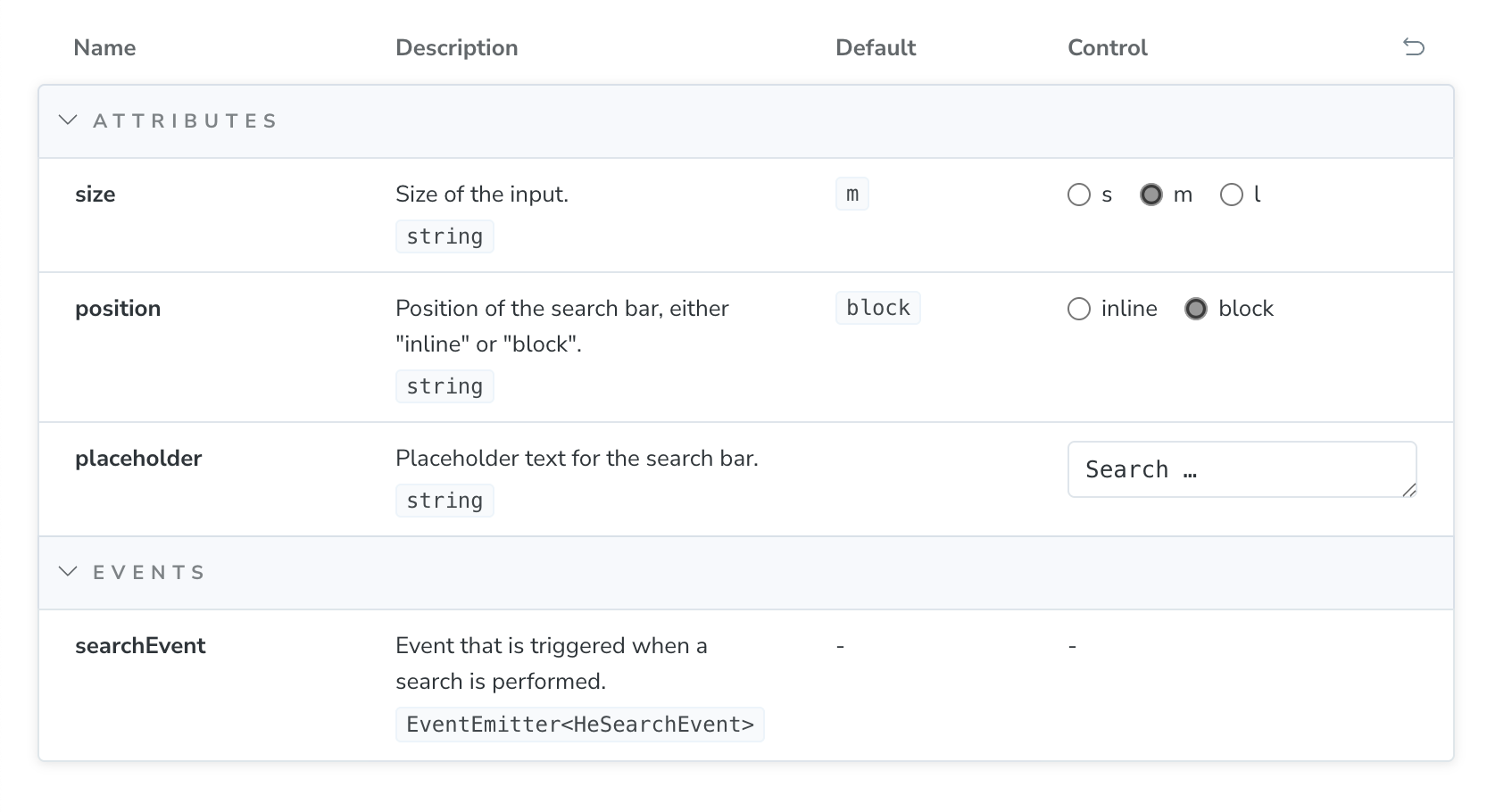 Screenshot of a Storybook props table with controls matching the props types. For example: Radio buttons for a size attribut showing the options 's', 'm' and 'l'.