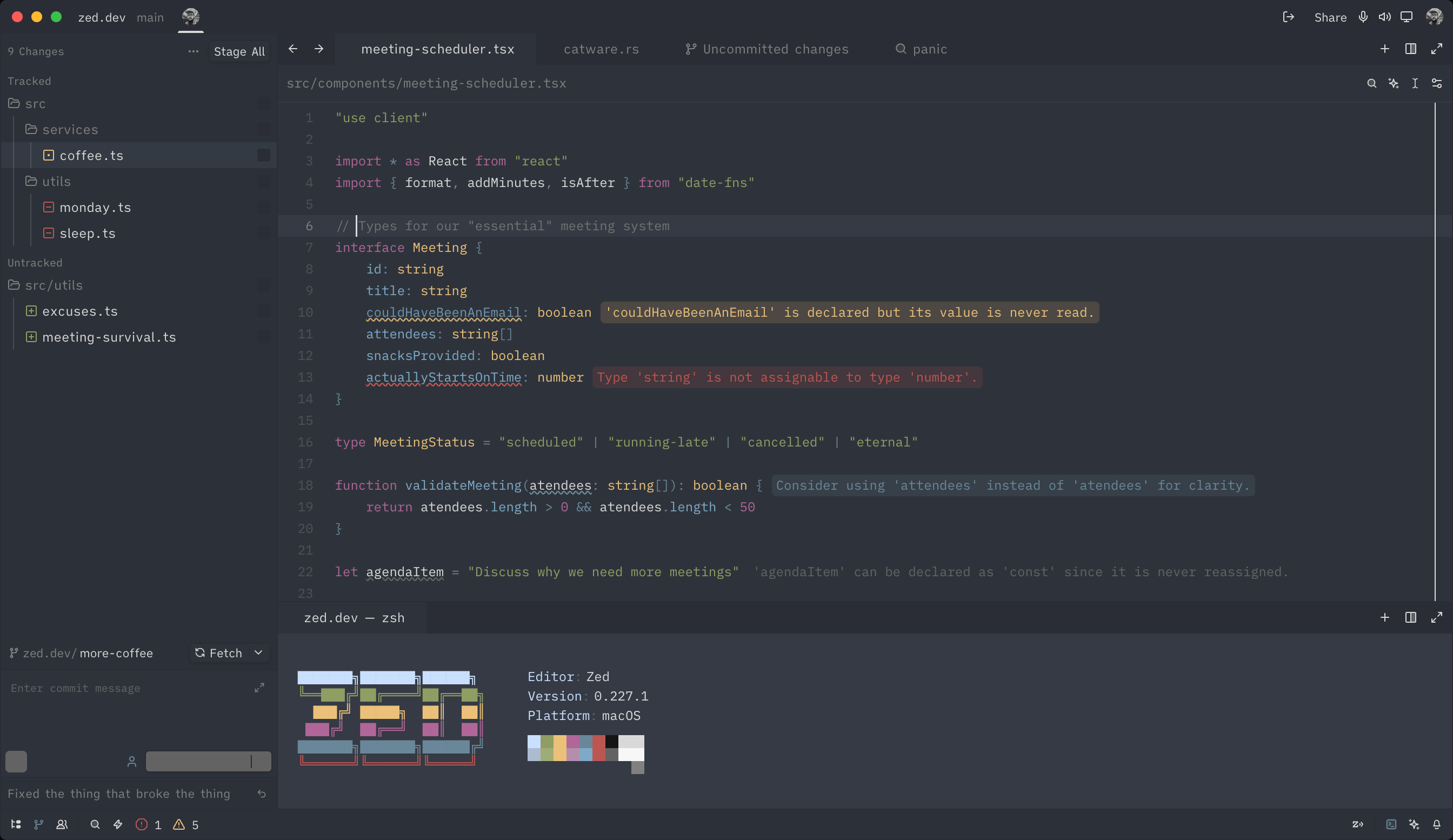Screenshot of the Relaxed Theme in Zed showing a TSX demo file.
